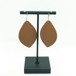Brown faux leather tear drop earrings